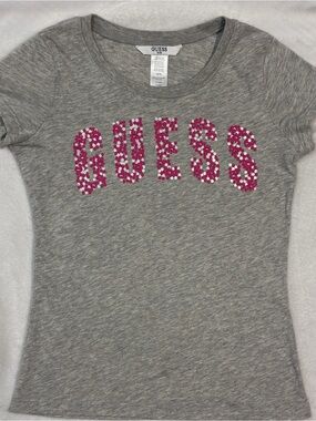 GUESS Gray Short Sleeve Tee with Pink and rhinestone Logo